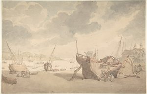 Havnescene ved lavvande med strandede både af Thomas Rowlandson