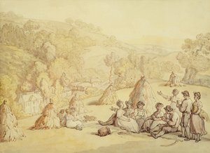Høstmaskiner hviler på en majsmark, ca. 1805-10 (pen og blæk med vask på papir) af Thomas Rowlandson
