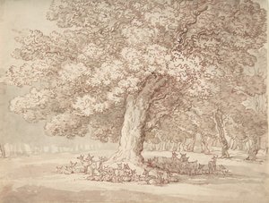 Flok hjorte under et egetræ, 1775-1827. af Thomas Rowlandson