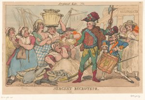 Hertug af Orléans blandt fiskekvinderne, 1789 Sergent Recruiter (titel på objekt) af Thomas Rowlandson