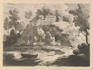 Bakket flodlandskab, en båd i vandet i forgrunden til venstre, en figur på den fjerne kyst..., 1783-84. af Thomas Rowlandson