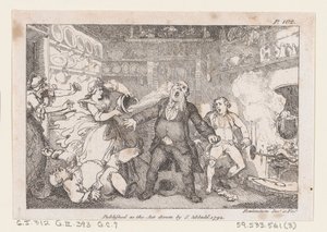 Værtinde udleder en gryde med blod i ansigtet på Parson Andrews, fra The Adventures of..., 1792. af Thomas Rowlandson
