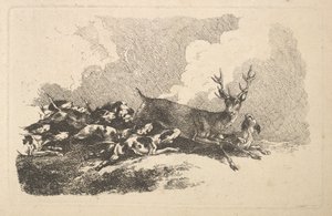 Hunde på jagt efter en kronhjort, 1784-88. af Thomas Rowlandson