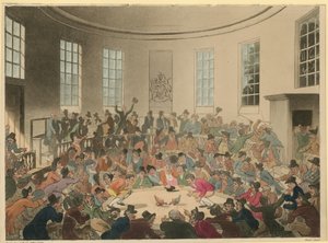 Illustration, der viser en menneskemængde, der ser en hanekamp af Thomas Rowlandson