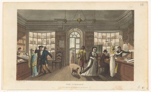 Interiøret i et lånebibliotek af Thomas Rowlandson