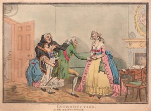 Introduktion, pub. 1793 (håndfarvet gravering) af Thomas Rowlandson