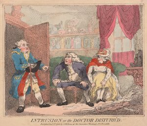 Intrusion or the Doctor Disturbd, pub. 1786 (håndfarvet gravering) af Thomas Rowlandson