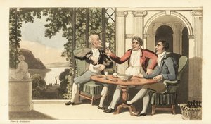 Johnny og venner drikker og synger på en terrasse med udsigt over Themsen. Håndfarvet kobberstik af Thomas Rowlandson fra William Combes The History of Johnny Quae Genus, the Little Foundling of the late Doctor Syntax. af Thomas Rowlandson