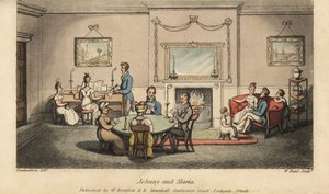 Johnny frier til Maria i en stue, mens andre spiller kort og synger sange foran ildstedet. Håndfarvet kobberstik af W. Læst efter en illustration af Thomas Rowlandson fra Alfred Burtons The Adventures of Johnny Newcombe in the Navy, Si af Thomas Rowlandson
