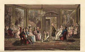 Johnny holder en stor fest. Socialt arrangement i et stort palæ, hvor gæster spiller kort, synger sange, snakker, danser og socialiserer. Håndfarvet kobberstik af Thomas Rowlandson fra William Combes The History of Johnny Quae Genus, the Littl af Thomas Rowlandson