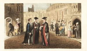 Johnny i rober taler med Dons på Oxford University, mens andre lærde og studerende køber majs fra købmænd og molesterer tjenestepiger. Håndfarvet kobberstik af Thomas Rowlandson fra William Combes The History of Johnny Quae Genus, the Little Foun af Thomas Rowlandson