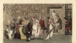 Johnny i tjeneste for portrætmaleren Carmine på hans galleri. Når han er alene, skænker Johnny portrætterne med kridt og skaber furore. Håndfarvet kobberstik af Thomas Rowlandson fra William Combes The History of Johnny Quae Genus, the Li af Thomas Rowlandson