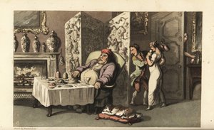 Johnny sniger tjenestepigen Molly et glas vin i stuen, mens Sir Jeffery Gourmand sover ved spisebordet. Næsten fanget af en anden tjener ved døren. Håndfarvet kobberstik af Thomas Rowlandson fra William Combes The History of John af Thomas Rowlandson
