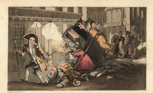 Johnny smidt ud af en sedanstol, da portørerne styrter over en bunke sten på gaden. Nattevagter med lanterner og rangler ankommer. Håndfarvet kobberstik af Thomas Rowlandson fra William Combes The History of Johnny Quae Genus, af Thomas Rowlandson
