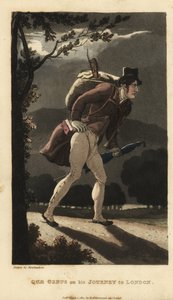 Johnny går på den måneskinne vej til London. Han har en rygsæk med violin, en bog i frakkelommen og har en paraply. Håndfarvet kobberstik af Thomas Rowlandson fra William Combes The History of Johnny Quae Genus, the Little Found af Thomas Rowlandson