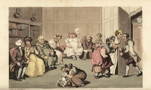 Johnny med andre patienter i kvaksalverdoktor Anodynes venteværelse. Håndfarvet kobberstik af Thomas Rowlandson fra William Combes The History of Johnny Quae Genus, the Little Foundling of the late Doctor Syntax. af Thomas Rowlandson