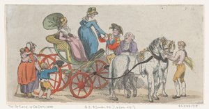 Damer, der stiger ud af en vogn fra plade 16, omrids af figurer, landskaber a..., 1. juni 1790. af Thomas Rowlandson