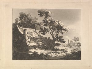 Landskab med en hytte blandt træerne til venstre og et kirkespir i det fjerne til højre af Thomas Rowlandson