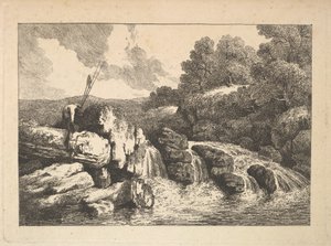 Landskab med to fiskere, der klatrer på klipper ved siden af et vandfald, 1784-88. af Thomas Rowlandson