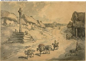 Landskab med Wayside Cross og Cottages af Thomas Rowlandson