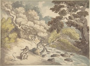 Landskab med en brusende bæk og et par på bredden, der er blevet forskrækket af en slange af Thomas Rowlandson