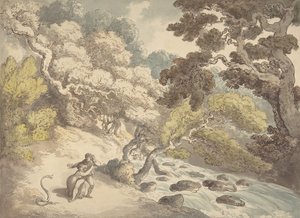 Landskab med brusende å og et par på bredden, skræmt af en slange, 1775-1827. af Thomas Rowlandson