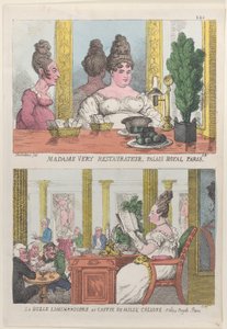 Madame Very Restauranteur, Palais Royal Paris og La Belle Liminaudiere på Caffee De Mille..., 1814. af Thomas Rowlandson