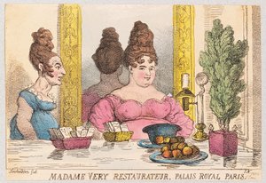 Madame Very, Restauratør, Palais Royal, Paris, pub. 1814 (håndfarvet gravering) af Thomas Rowlandson