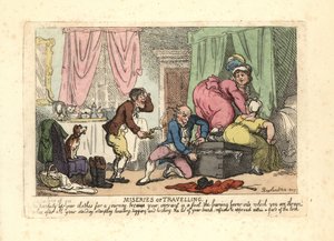 Mand og to kvinder undlader at lukke en pakket kuffert. af Thomas Rowlandson