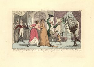 Mand bliver angrebet af en papegøje og kat i en tegnestue. af Thomas Rowlandson