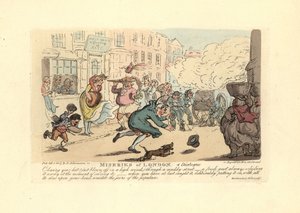 Mand, der jagter sin hat ned ad en mudret gade i kraftig vind. af Thomas Rowlandson