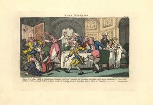 Mand falder ned af en ødelagt stol ved et middagsselskab. af Thomas Rowlandson