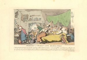 Mand i sin syge seng omgivet af yndige kone, børn og mai af Thomas Rowlandson