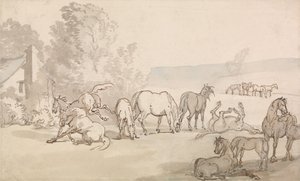 Hopper og føl på en mark af Thomas Rowlandson