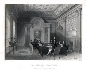 Møde for Admiralitetets Herrer i bestyrelseslokalet, Admiralitet. Stålgravering af Henry Melville efter en illustration af Thomas Rowlandson fra London Interiors, Their Costumes and Ceremonies, Joshua Mead, London af Thomas Rowlandson