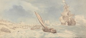 Krigsskibe og sejlbåde nær kysten af Thomas Rowlandson
