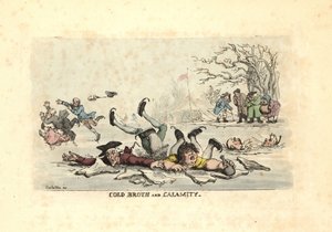 Mænd og kvinder, der skøjter på tynd is og falder ned i en frysende ri af Thomas Rowlandson