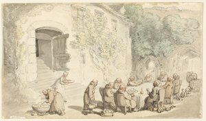 Munke spiser udenfor (recto); Village Street (verso) af Thomas Rowlandson