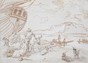 Mor og børn ved vandkanten af Thomas Rowlandson