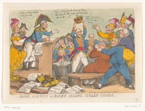 Napoleon sælger stjålne varer, 1813 Sponteauktion eller Boney, der sælger stjålne varer (titel på objekt) af Thomas Rowlandson