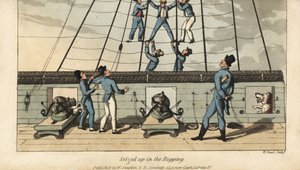 Flådens overgangsritual: Johnny bliver grebet og spredt i rigningen af sine medsejlere. Håndfarvet kobberstik af W. Læst efter en illustration af Thomas Rowlandson fra Alfred Burtons The Adventures of Johnny Newcombe in the Navy, Simp af Thomas Rowlandson