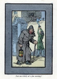 Nattevagt med sin lanterne og stok, uopmærksom på to indbrudstyve, der kommer ind i et hus bag ham (1819). Træstik, baseret på et maleri af Thomas Rowlandson (1756-1827), udgivet i The Cris of London: med seks charmerende børn og næsten 40 illus. af Thomas Rowlandson