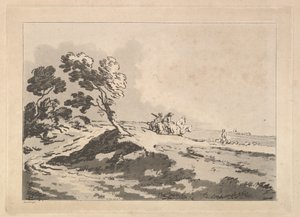 Åbent landskab med tre ryttere i mellemafstand på vej mod højre, Windblo..., 1784-88. af Thomas Rowlandson