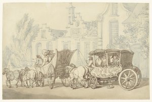Åben turbil og vogn i en næsten hollandsk gade af Thomas Rowlandson