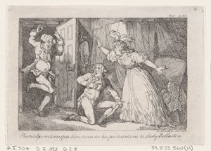 Partridge afbryder Tom Jones i sine protester til Lady Bellaston, fra The History o..., 1792. af Thomas Rowlandson