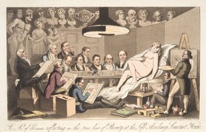 R---A---A---ys of Genius reflekterer over den sande linje af skønhed på Life Academy, Somerset House, fra The English Spy, udgivet af The English Spy. 1824 (håndkoloreret gravering) af Thomas Rowlandson