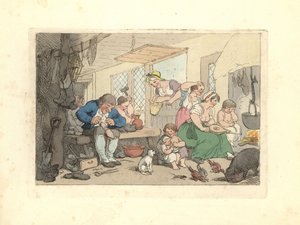 Regency skomager reparerer sko i et overfyldt lokale. af Thomas Rowlandson