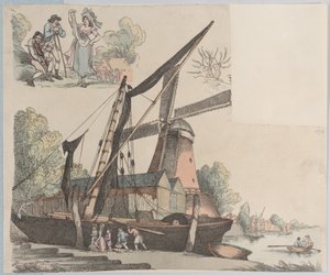 Flodscene med vindmølle fra plade 9, omrids af figurer, landskaber og C..., 20. januar 1791. af Thomas Rowlandson