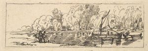 Scene ved en flod eller en dam: en sejlbåd og en jolle med personer på den nærmeste bred af Thomas Rowlandson