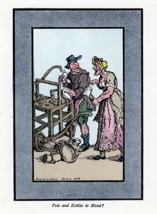 Roaming og klientretamer, der viser bunden af en gryde. Han slår en metalgryde med en hammer på en bærbar bænk. Træstik, baseret på et maleri af Thomas Rowlandson (1756-1827), udgivet i The Cris of London: med seks charmerende børn og næsten 40 i af Thomas Rowlandson